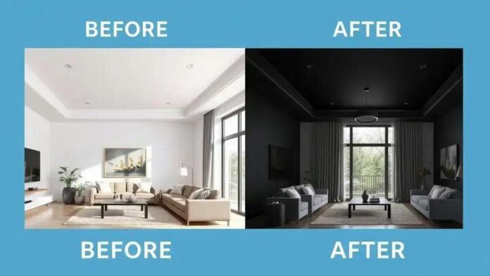 O que acontece quando você pinta o teto da sala de cor escura? Veja o antes e depois